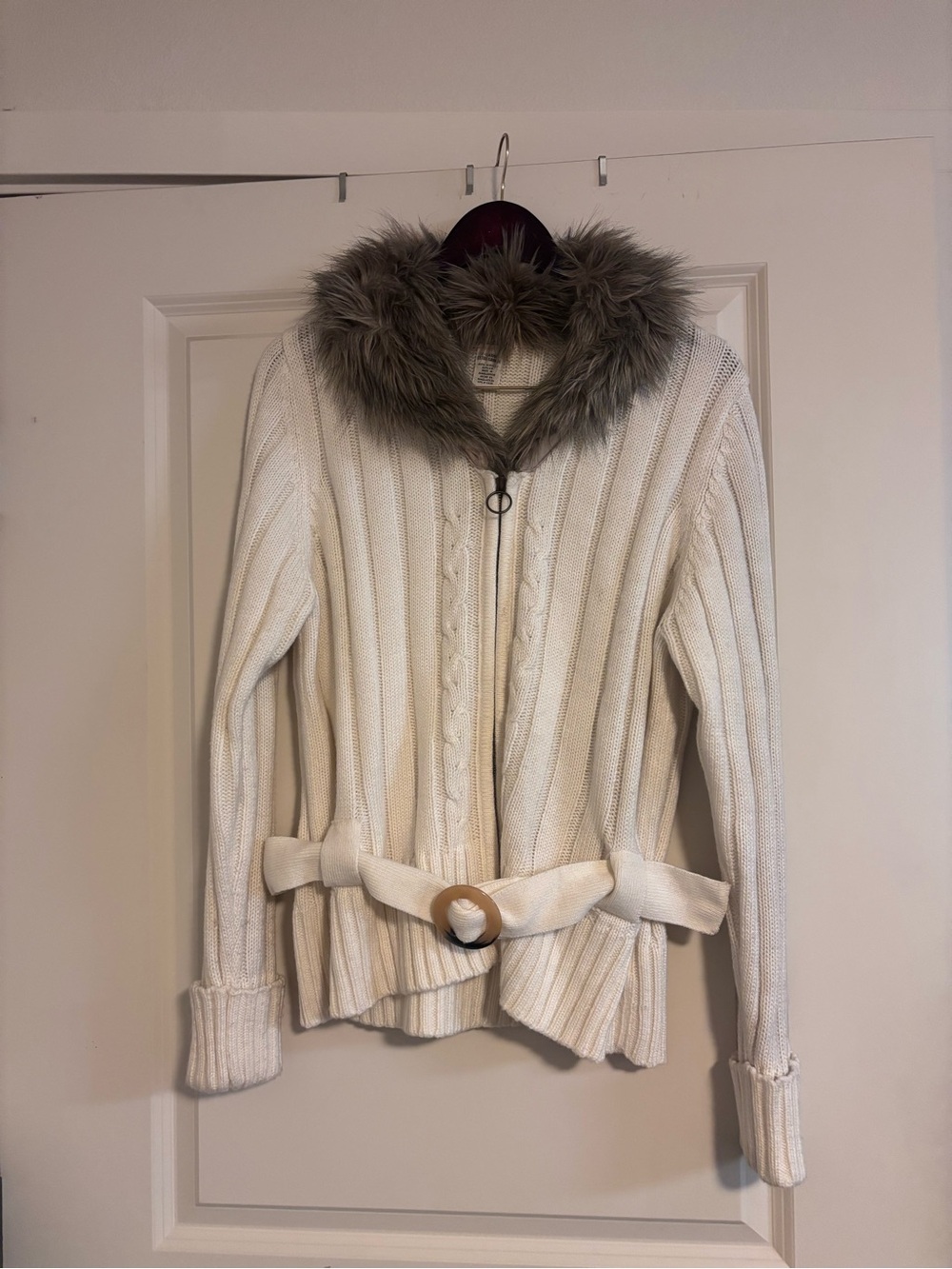 St. John's Bay Cream Cable Knit Zip Cardigan with Faux Fur Trim